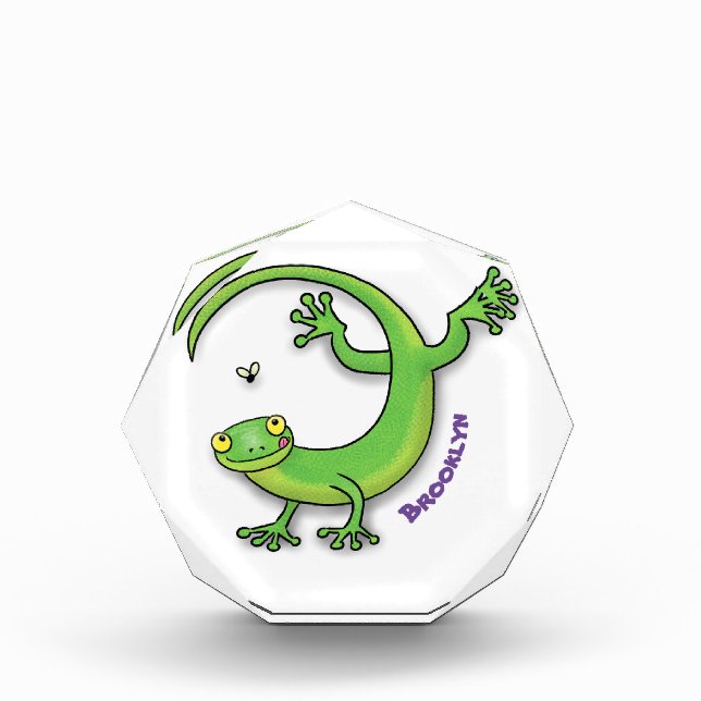 Cute happy green gecko greetings with bug cartoon photo block (Front)