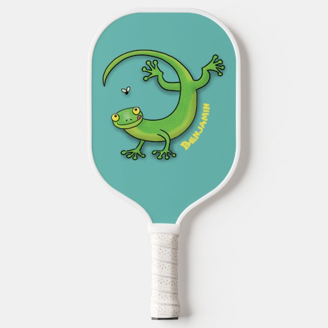 Cute happy green gecko greetings with bug cartoon pickleball paddle (Front)