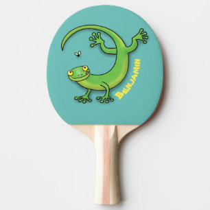 Cute happy green gecko greetings with bug cartoon  ping pong paddle