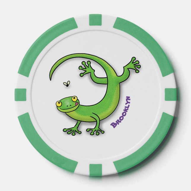 Cute happy green gecko greetings with bug cartoon poker chips (Front)