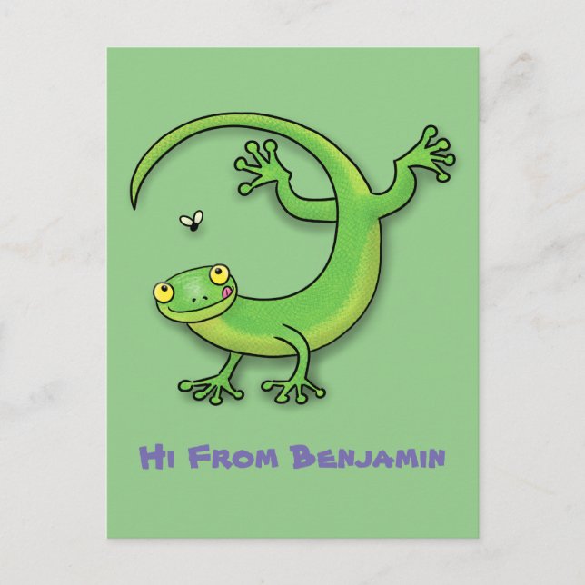 Cute happy green gecko greetings with bug cartoon postcard (Front)