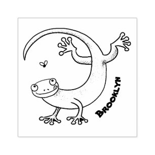 Cute happy green gecko greetings with bug cartoon rubber stamp