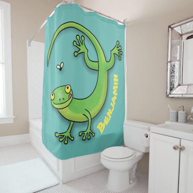 Cute happy green gecko greetings with bug cartoon shower curtain (In Situ)
