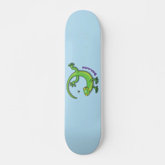 Cute happy green gecko greetings with bug cartoon skateboard (Front)