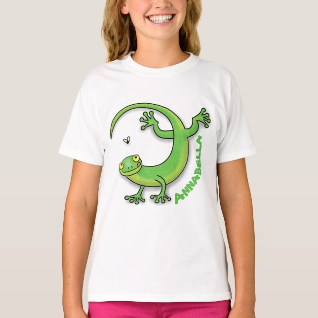 Cute happy green gecko greetings with bug cartoon T-Shirt (Front)