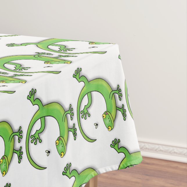 Cute happy green gecko greetings with bug cartoon  tablecloth (In Situ)