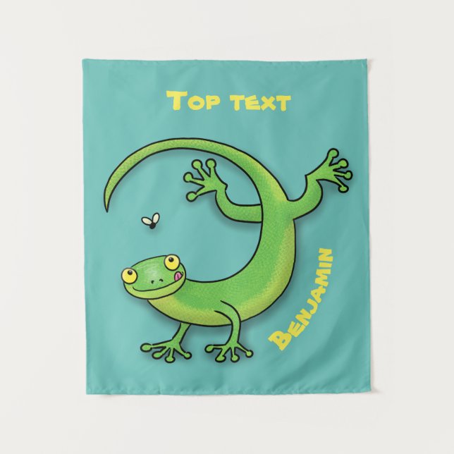 Cute happy green gecko greetings with bug cartoon tapestry (Front)