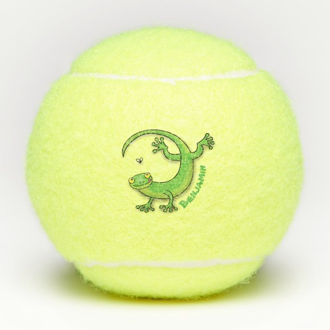 Cute happy green gecko greetings with bug cartoon tennis balls (Front)