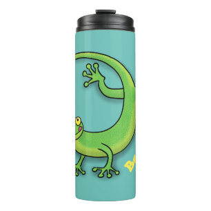 Cute happy green gecko greetings with bug cartoon thermal tumbler