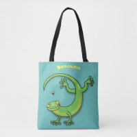 Cute happy green gecko greetings with bug cartoon