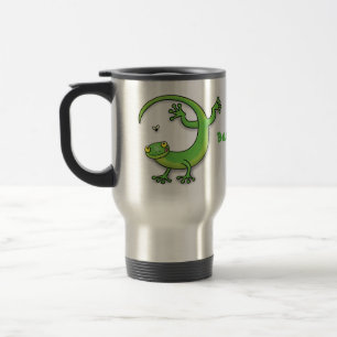 Cute happy green gecko greetings with bug cartoon travel mug