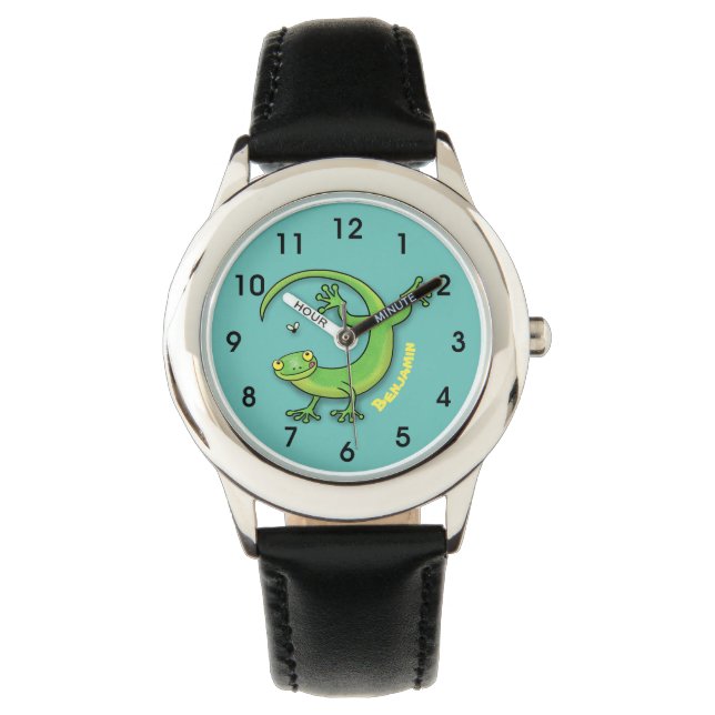 Cute happy green gecko greetings with bug cartoon watch (Front)