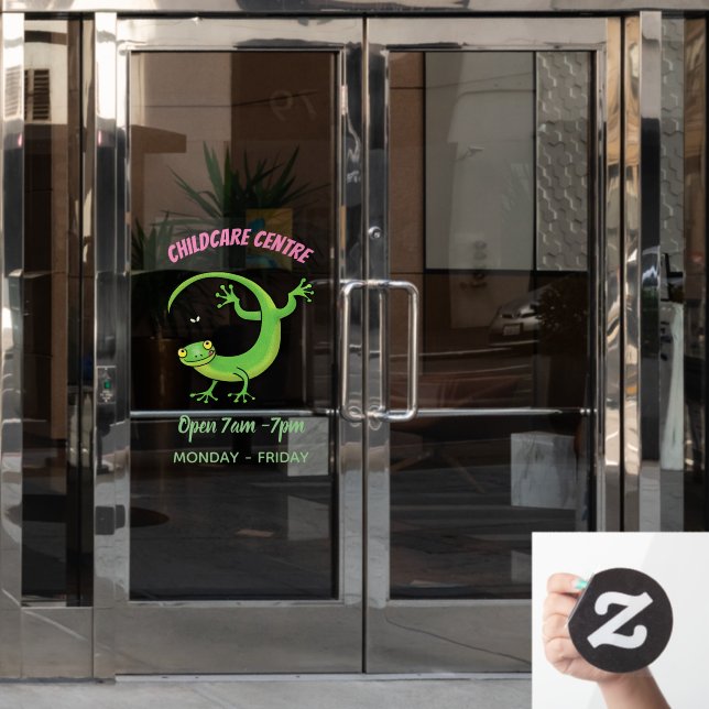 Cute happy green gecko greetings with bug cartoon window cling (Office Door)