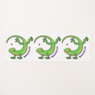 Cute happy green gecko greetings with bug cartoon yoga mat