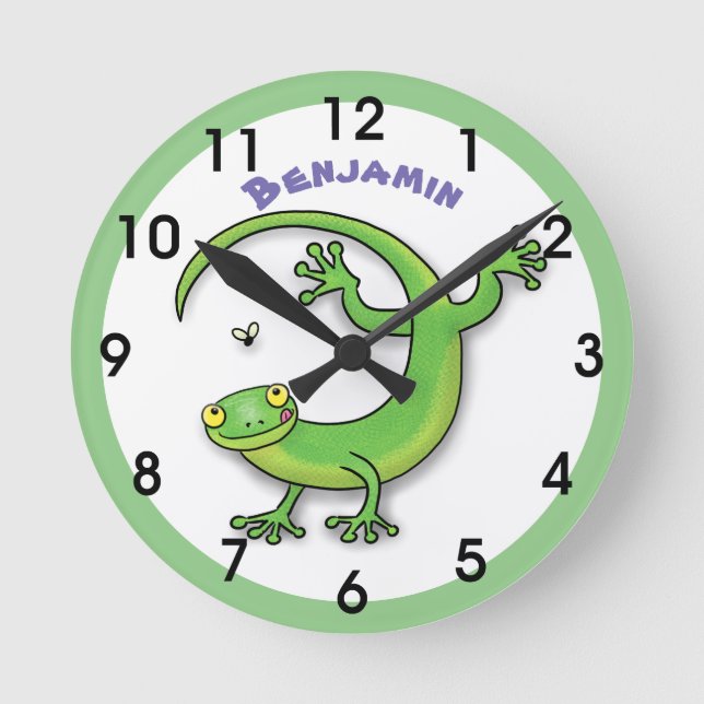Cute happy green gecko lizard cartoon round clock (Front)