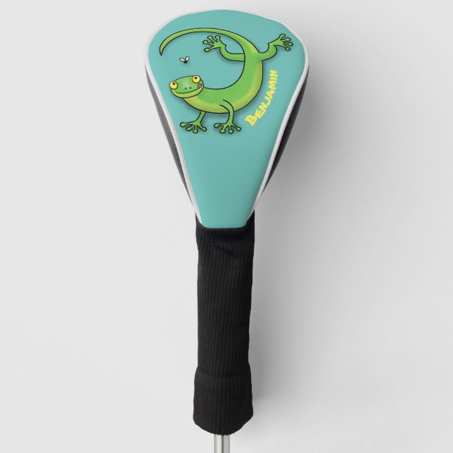 Cute happy green gecko lizard personalised cartoon golf head cover (Front)