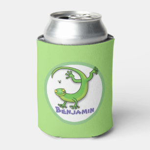 Cute happy green gecko lizard with bug cartoon can cooler