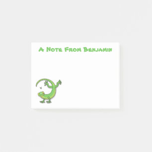 Cute happy green gecko lizard with bug cartoon post-it notes