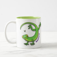 Cute happy green gecko lizard with bug cartoon