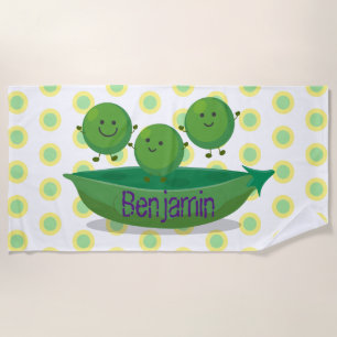 Cute happy green peas and pod cartoon illustration beach towel