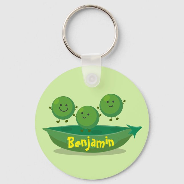 Cute happy green peas and pod cartoon illustration key ring (Front)