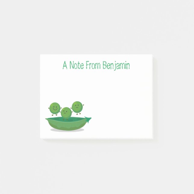 Cute happy green peas and pod cartoon illustration post-it notes (Front)