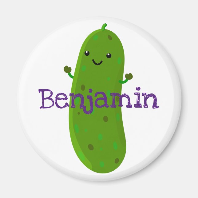 Cute happy green pickle cartoon illustration magnet (Front)