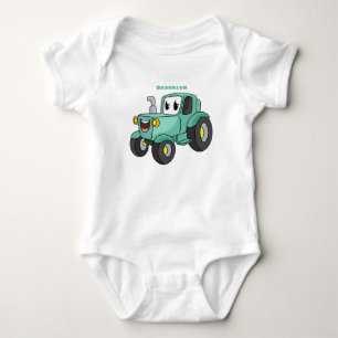 Cute happy green tractor cartoon baby bodysuit