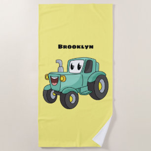 Cute happy green tractor cartoon beach towel