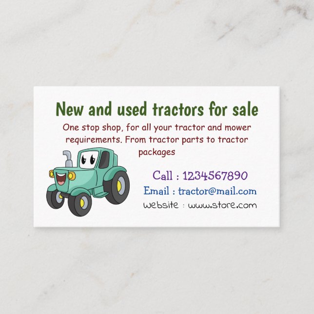 Cute happy green tractor cartoon  business card (Front)