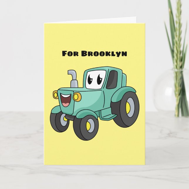 Cute happy green tractor cartoon card (Front)