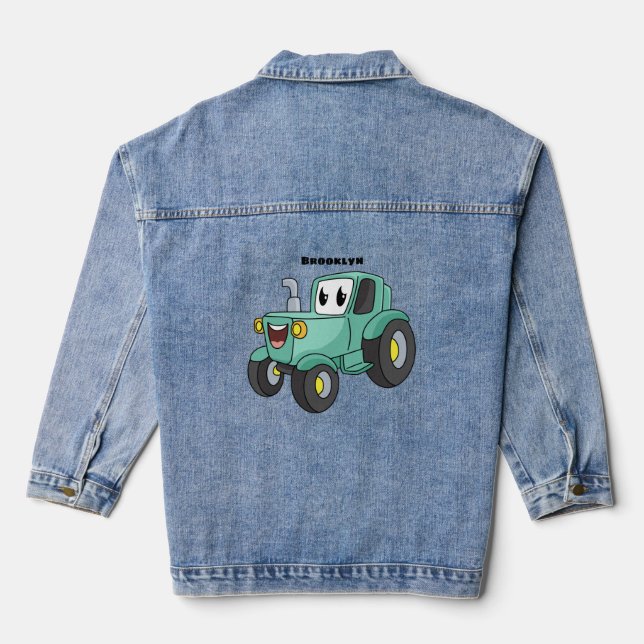 Cute happy green tractor cartoon denim jacket (Back)