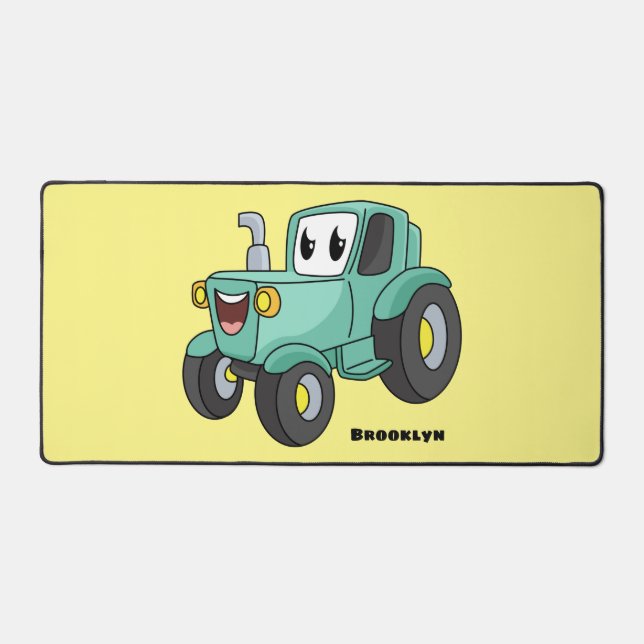 Cute happy green tractor cartoon desk mat (Front)