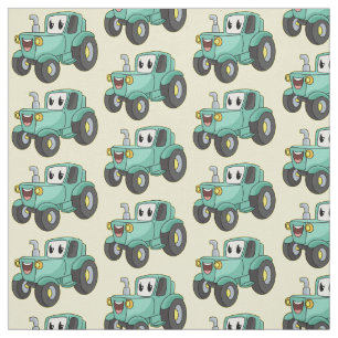 Cute happy green tractor cartoon fabric