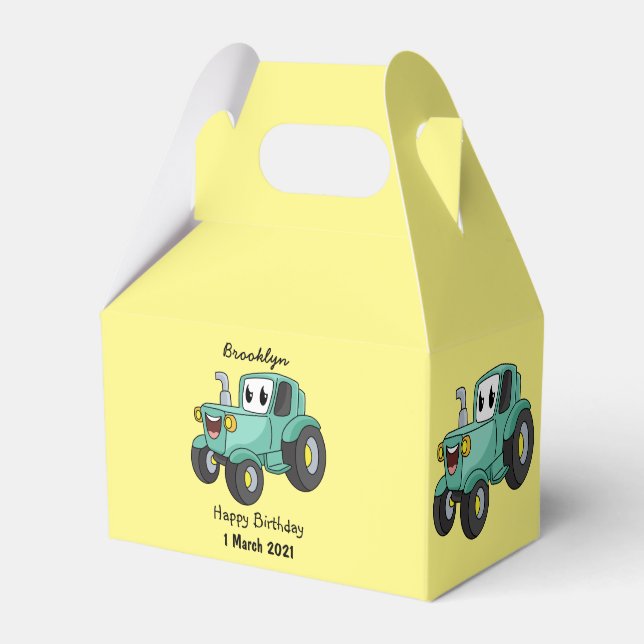 Cute happy green tractor cartoon favour box (Front Side)