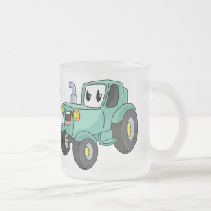 Cute happy green tractor cartoon frosted glass coffee mug