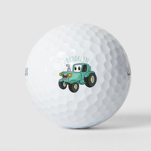 Cute happy green tractor cartoon golf balls (Front)