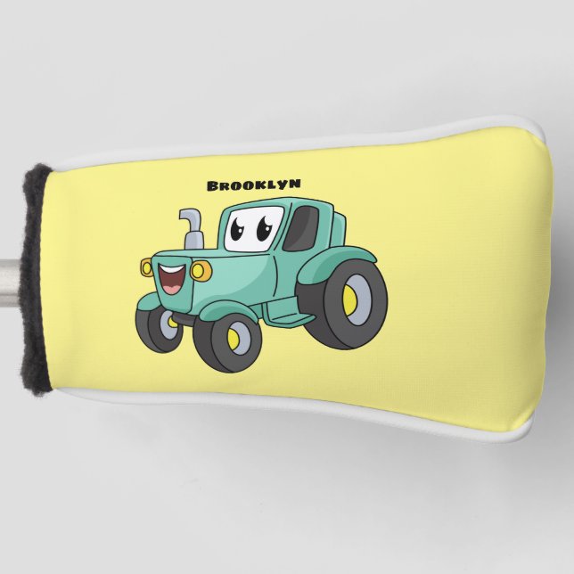 Cute happy green tractor cartoon golf head cover (Front)