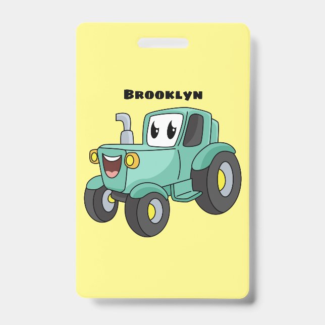 Cute happy green tractor cartoon ID badge (Front)