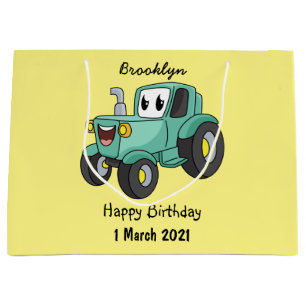 Cute happy green tractor cartoon large gift bag