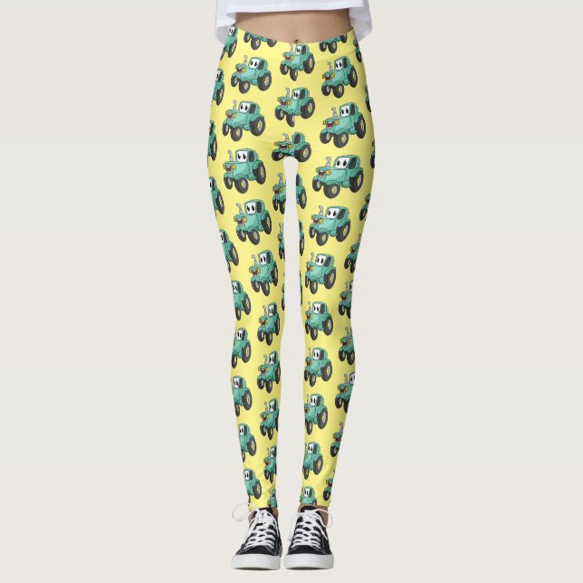 Cute happy green tractor cartoon leggings (Front)