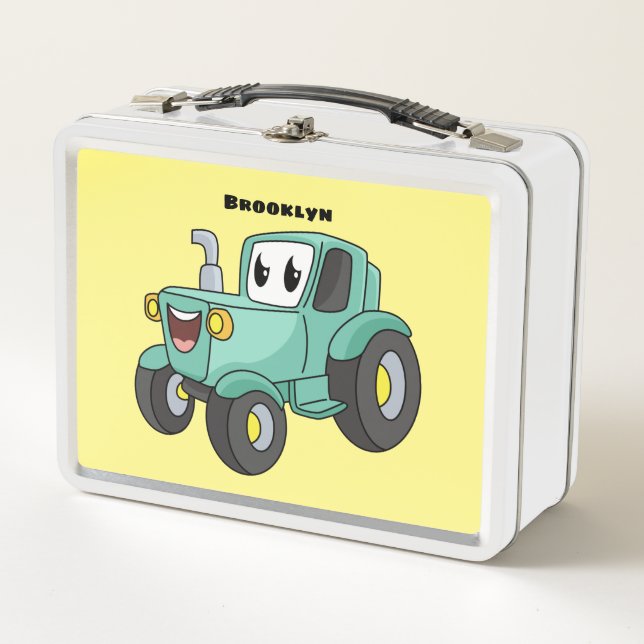 Cute happy green tractor cartoon metal lunch box (Front)