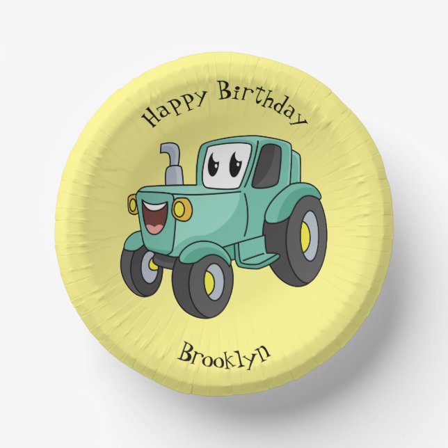 Cute happy green tractor cartoon paper plate (Front)