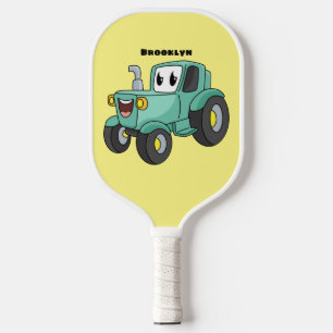 Cute happy green tractor cartoon pickleball paddle
