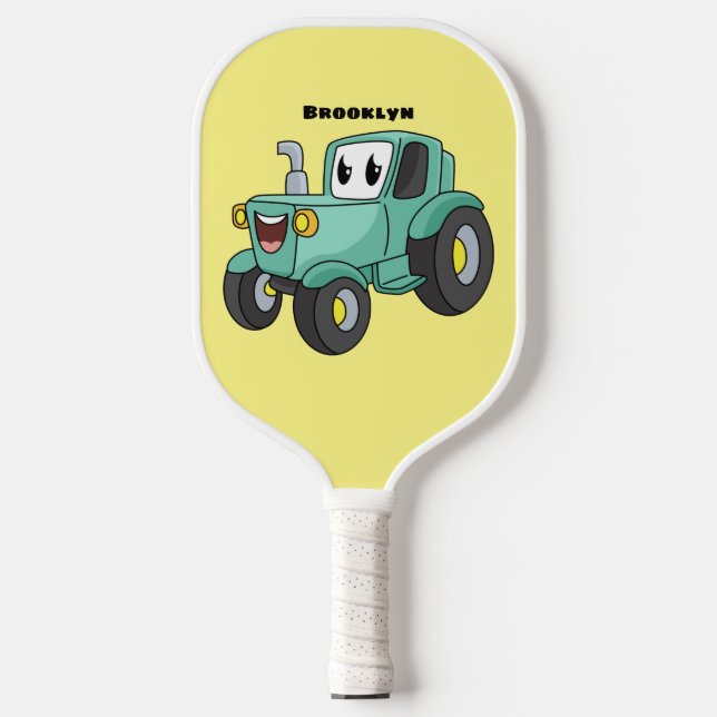 Cute happy green tractor cartoon pickleball paddle (Front)