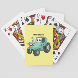 Cute happy green tractor cartoon playing cards