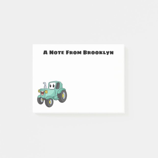 Cute happy green tractor cartoon post-it notes (Front)