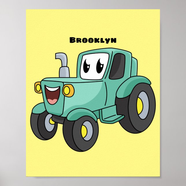 Cute happy green tractor cartoon poster (Front)