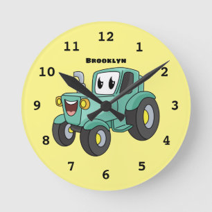 Cute happy green tractor cartoon round clock