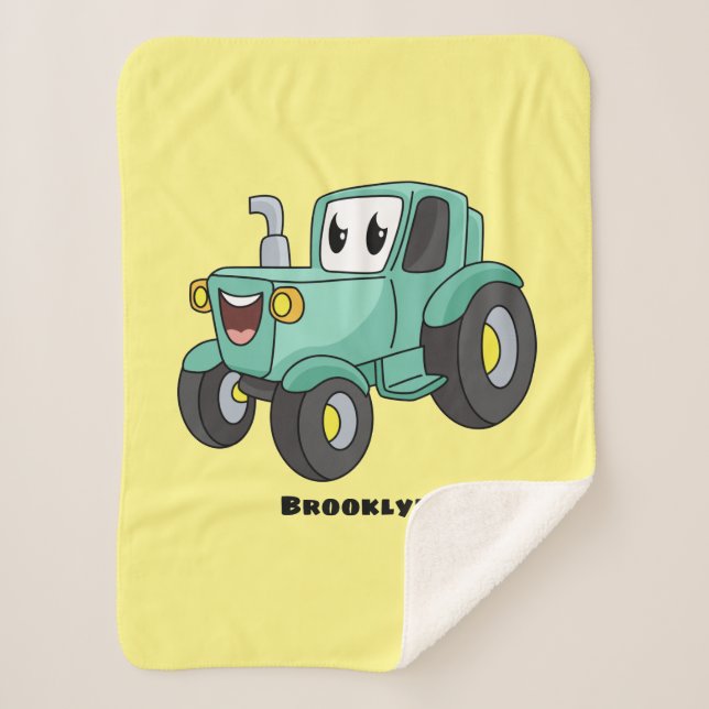 Cute happy green tractor cartoon sherpa blanket (Front)